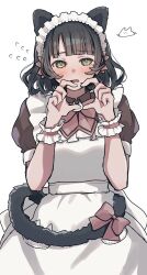  1girl animal_ears apron black_hair blunt_bangs brown_dress cat_ears cat_tail cowboy_shot dress embarrassed flying_sweatdrops four-finger_heart_hands frilled_apron frills green_eyes heart heart_hands highres lilac_(li_lac_3) link!_like!_love_live! looking_at_viewer love_live! maid maid_apron maid_headdress medium_hair momose_ginko nyan_nyan_nyan_fair_in_gamers official_alternate_costume puffy_short_sleeves puffy_sleeves short_sleeves simple_background solo tail tail_around_own_waist virtual_youtuber white_apron white_background 