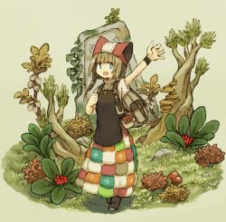  1girl apron arm_up backpack bag black_apron braid brown_hair checkered_clothes checkered_skirt commentary full_body green_eyes grey_bag hat highres jewelry koki08186863 long_hair looking_at_viewer mushroom original pendant plant red_hat rock shirt short_sleeves simple_background single_braid skirt smile solo tree turtleneck white_shirt 
