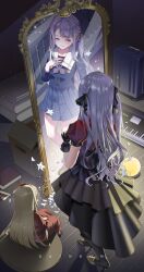  2girls absurdres bang_dream! bang_dream!_it&#039;s_mygo!!!!! black_ribbon blonde_hair blue_shirt blue_skirt book book_stack box cardboard_box character_request closed_mouth commentary_request different_reflection dress dual_persona from_behind full-length_mirror full_body hair_ribbon hand_on_own_chest high_heels highres indoors instrument keyboard_(instrument) long_hair long_sleeves looking_at_mirror mirror multiple_girls oblivionis_(bang_dream!) plaid_clothes plaid_skirt puffy_short_sleeves puffy_sleeves red_dress reflection ribbon rolling_suitcase sailor_collar school_uniform serafuku shirt short_sleeves skirt smile standing suitcase togawa_sakiko tsukinomori_school_uniform white_sailor_collar winter_uniform wooden_floor z15781 