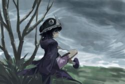  1other androgynous ankle_socks bare_tree black_hair black_hat black_shirt book boots chinese_commentary clouds cloudy_sky coattails commentary_request day detached_hood english_commentary frilled_headwear frilled_shorts frills from_behind full_body hair_between_eyes hat holding holding_book hood hood_down hooded_jacket jacket knee_up len&#039;en long_sleeves looking_ahead mixed-language_commentary mob_cap on_grass open_book open_clothes open_jacket other_focus outdoors pink_shorts pointy_nose puffy_shorts purple_boots purple_jacket reading shirt shitodo_kuroji short_hair shorts sitting sky sleeves_past_fingers sleeves_past_wrists socks solo tree triangular_headpiece violet_eyes white_socks yancao_(pixiv_103434280) 