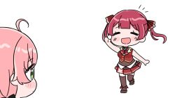  2girls :d ahoge blush_stickers boots brown_boots brown_leotard brown_thighhighs chibi closed_eyes closed_mouth green_eyes hair_ribbon hand_up highres hololive houshou_marine houshou_marine_(1st_costume) jacket leotard leotard_under_clothes mochimiko multiple_girls notice_lines pink_hair pleated_skirt profile red_hair red_jacket red_ribbon red_skirt ribbon sakura_miko simple_background skirt sleeveless sleeveless_jacket smile thigh-highs thighhighs_under_boots twintails virtual_youtuber walking white_background 