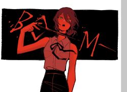  1girl black_choker black_ribbon black_shorts caramoccii chainsaw_man choker english_commentary grenade_pin grey_shirt hair_between_eyes looking_at_viewer neck_ribbon open_mouth purple_hair reze_(chainsaw_man) ribbon shirt shirt_tucked_in short_sleeves shorts solo 