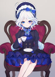  1girl absurdres ahoge alternate_costume armchair ascot black_dress blue_ascot blue_bonnet blue_bow blue_eyes blue_gemstone blue_hair blue_pupils bonnet bow chair cup dress drop-shaped_pupils feet_out_of_frame frilled_sleeves frills furina_(genshin_impact) gem genshin_impact hair_between_eyes hair_bow hashtag-only_commentary heterochromia highres holding holding_cup holding_saucer kobato_(youyoshi0422) light_blush long_hair long_sleeves looking_at_viewer multicolored_hair on_chair saucer sitting smile solo streaked_hair symbol-shaped_pupils teacup twitter_strip_game very_long_hair white_bonnet white_hair 