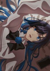  1girl ado_(utaite) arm_up black_bow black_bowtie black_hair blue_eyes blue_hair bow bowtie cellphone chando_(ado) collared_shirt colored_inner_hair commentary crying crying_with_eyes_open dress_shirt highres keeko_(kk_0012) long_hair lying multicolored_hair on_back phone shadow shirt sideways smartphone solo tears white_shirt 