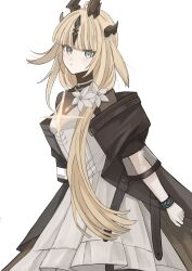  1girl absurdres ahoge arknights black_coat black_horns blonde_hair blue_eyes blunt_bangs bodystocking choker coat commentary_request cowboy_shot dress expressionless flower grey_choker grey_dress grey_flower hair_flower hair_ornament highres horns infection_monitor_(arknights) long_hair looking_at_viewer off_shoulder reed_(arknights) reed_the_flame_shadow_(arknights) simple_background solo standing udo_(akn_otk) white_background 