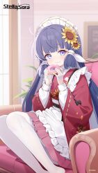  1girl ahoge apron blue_hair closed_mouth commentary couch doughnut english_commentary floral_print floral_print_kimono flower food frilled_apron frills gloves hair_flower hair_ornament half_gloves highres holding holding_food japanese_clothes kimono layered_sleeves long_sleeves looking_at_viewer maid maid_headdress miniskirt nanoha_(stella_sora) official_art on_couch pantyhose pleated_skirt print_kimono red_kimono red_skirt sitting skirt solo stella_sora sunflower sunflower_hair_ornament sunflower_print thigh-highs violet_eyes wa_maid white_apron white_flower white_gloves white_pantyhose wide_sleeves yellow_flower 