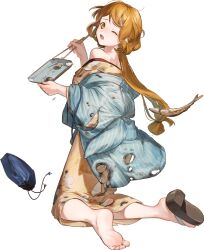  1girl bag blue_haori brown_eyes brown_hair burnt_clothes chopsticks fish fish_(food) floral_print folded_hair from_behind full_body haori hozuka_(kadokawa) japanese_clothes kantai_collection kimono kneeling long_hair looking_back official_art one_eye_closed ootomari_(kancolle) ootomari_(yukata)_(kancolle) plate sandals satchel saury smile solo striped_haori third-party_source transparent_background yellow_kimono yukata 
