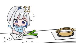  1girl amane_kanata apron blue_apron blue_hair blue_shirt blue_wings blush_stickers chibi cutting_board flying_sweatdrops grey_hair highres holding holding_knife hololive knife mochimiko multicolored_hair shirt short_sleeves simple_background single_hair_intake small_sweatdrop solo spring_onion sweat two-tone_hair v-shaped_eyebrows violet_eyes virtual_youtuber white_background white_wings wings 