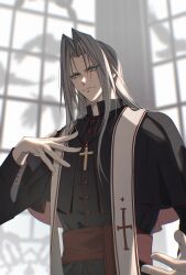  1boy alternate_costume aqua_eyes black_capelet black_robe capelet church closed_mouth cross cross_necklace final_fantasy final_fantasy_vii grey_hair hand_on_own_chest highres jewelry light_smile long_hair looking_at_viewer lyell_ff14 male_focus necklace parted_bangs priest robe sephiroth solo upper_body 