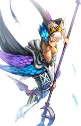  1girl armor armored_boots armored_dress black_wings blue_wings blunt_bangs boots breasts commentary_request crown detached_sleeves dress feather_hair_ornament feathered_wings feathers full_body grey_hair gwendolyn_(odin_sphere) hair_bun hair_ornament holding holding_polearm holding_weapon leg_wings low_wings medium_breasts multicolored_wings multiple_wings odin_sphere polearm purple_wings short_hair simple_background single_hair_bun solo spear strapless strapless_dress sushi_(sashimise) thigh-highs thigh_boots violet_eyes weapon white_background wings 