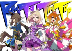 3girls absurdres admire_vega_(starry_nocturne)_(umamusume) admire_vega_(umamusume) animal_ears armor bare_shoulders black_pantyhose blonde_hair blue_capelet blue_dress bow bowtie breasts brown_hair cape capelet closed_mouth crown dress ear_covers ear_ornament gloves gold_corset gradient_eyes grey_bow grey_bowtie hair_between_eyes highres horse_ears horse_girl horse_tail jewelry long_hair long_sleeves looking_at_viewer low_ponytail medium_hair mini_crown multicolored_eyes multiple_girls multiple_rings narita_top_road_(the_proud_road)_(umamusume) narita_top_road_(umamusume) necktie okubakaris open_mouth orange_hair orange_tail pantyhose pink_cape pink_crown pink_skirt ponytail purple_dress purple_shorts ring shirt short_hair shorts shoulder_armor single_ear_cover skirt smile t.m._opera_o_(o_sole_suo!)_(umamusume) t.m._opera_o_(umamusume) tail teeth thigh-highs thigh_strap two-tone_skirt umamusume umamusume:_road_to_the_top upper_teeth_only violet_eyes white_necktie white_shirt white_skirt white_thighhighs 