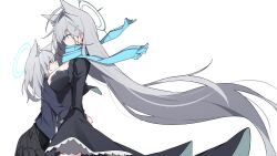  2girls absurdres ahoge animal_ear_fluff animal_ears arms_around_waist between_breasts black_choker black_dress blue_archive blue_eyes blue_halo blue_scarf breasts broken_halo choker commentary cross cross_hair_ornament dark_halo dress extra_ears eye_contact face-to-face grey_hair hair_ornament halo hashtag-only_commentary head_between_breasts height_difference highres hug inverted_cross large_breasts long_hair long_sleeves looking_at_another medium_hair mmhomm multiple_girls scarf shiroko_(blue_archive) shiroko_terror_(blue_archive) shirt wolf_ears wolf_girl 