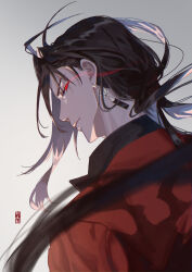  1boy absurdres antenna_hair black_hair blurry blurry_foreground chinese_commentary closed_mouth earrings eye_trail flower_earrings from_behind grey_background hair_behind_ear highres jacket jewelry jiemuye lianhua_blood_duck_(the_tale_of_food) light_trail long_hair looking_at_viewer low_ponytail male_focus official_alternate_costume ponytail portrait profile red_eyes red_jacket seal_impression sideways_glance simple_background single_sidelock smile solo tassel tassel_earrings the_tale_of_food v-shaped_eyebrows 