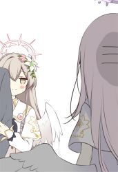  1boy 2girls absurdres aikumofuwari arm_hug black_bow black_neckerchief blue_archive blush_stickers bow braid brown_eyes brown_hair capelet closed_mouth commentary couple crown_braid dress feathered_wings flower hair_between_eyes hair_flower hair_ornament halo hetero highres jitome leaf_hair_ornament long_hair long_sleeves looking_at_another low_wings mika_(blue_archive) multiple_girls nagisa_(blue_archive) neckerchief pink_flower pink_hair pink_halo school_uniform sensei_(blue_archive) sleeve_bow smile smug split_mouth straight_hair trinity_general_school_logo upper_body very_long_hair white_capelet white_dress white_flower white_wings wings 