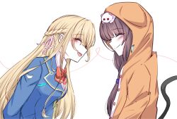  2girls black_hair blonde_hair blue_jacket blush bow braid breasts hair_ribbon half_up_braid happy heaven_burns_red highres hood hood_up hooded_jacket jacket long_hair long_sleeves multiple_girls red_bow ribbon tail toujou_tsukasa tsuki_mi925 white_background white_ribbon yuri 