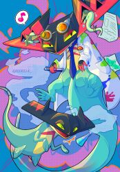  >_< animal_focus beaker blue_necktie cccp224 closed_eyes clothed_pokemon commentary_request covering_own_eyes dragapult dragapult_(scientist) drakloak dreepy evolutionary_line floating flying_sweatdrops gas goggles goggles_on_head highres holding holding_test_tube jacket lab_coat musical_note necktie no_humans official_alternate_costume open_clothes open_jacket open_mouth paper poke_ball poke_ball_(basic) pokemon pokemon_(creature) pokemon_unite speech_bubble spoken_musical_note test_tube white_jacket 