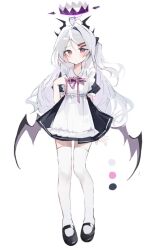  1girl ahoge apron black_halo blue_archive breasts commentary demon_girl demon_horns demon_wings full_body halo hashtag-only_commentary hina_(blue_archive) horns kiri_y long_hair looking_at_viewer low_wings maid maid_apron small_breasts solo standing thigh-highs violet_eyes white_hair white_thighhighs wings 
