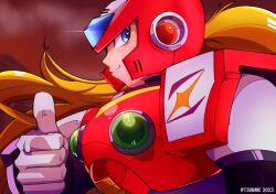  1boy armor blonde_hair blue_eyes chest_jewel en_dorzer forehead_jewel glint helmet long_hair male_focus mega_man_(series) mega_man_x_(series) profile red_armor red_helmet solo thumbs_up upper_body zero_(mega_man) 