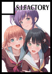  3girls :d black_hair blue_eyes blunt_bangs blunt_ends bob_cut brown_dress cerise_bouquet circle_cut closed_mouth collarbone comiket_107 commentary_request crossed_bangs dress flower flower_knot green_eyes hair_flower hair_ornament hand_on_another&#039;s_shoulder hasu_no_sora_school_uniform hinoshita_kaho link!_like!_love_live! lone_nape_hair long_sleeves looking_at_viewer love_live! medium_hair momose_ginko multiple_girls neckerchief open_mouth orange_hair otomune_kozue rabbit_hair_ornament red_flower red_neckerchief sailor_collar sailor_dress school_uniform shamakho short_hair side_ponytail sidelocks simple_background smile teeth two_side_up upper_teeth_only virtual_youtuber white_background white_flower white_sailor_collar winter_uniform yellow_neckerchief 