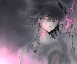 1boy black_gloves black_hair black_shirt blue_coat card coat facial_mark facing_to_the_side fineap fire fudo_yusei gloves glowing grey_background hair_between_eyes holding holding_card looking_to_the_side male_focus neck_tattoo number_88_gimmick_puppet_of_leo open_clothes open_coat partially_colored pink_eyes popped_collar shirt shoulder_pads solo spiky_hair tattoo upper_body yu-gi-oh! yu-gi-oh!_5d&#039;s