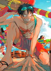  4boys abs allout antlers arm_support arm_up barrel beach black_hair blue_hair buzz_cut closed_eyes clouds cloudy_sky collarbone curly_hair cyborg fingernails franky_(one_piece) goggles goggles_on_head grin highres holding holding_water_gun horns long_nose looking_to_the_side male_focus male_swimwear monkey_d._luffy multiple_boys ocean one_piece outdoors ponytail red_male_swimwear reindeer_antlers sandals scar scar_on_cheek scar_on_chest scar_on_face short_hair sky smile summer swim_goggles swim_trunks teeth toned toned_male tony_tony_chopper topless_male twitter_username usopp very_short_hair water_gun 
