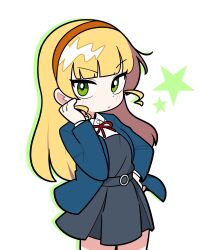  1girl absurdres blonde_hair blunt_bangs blush chibi chibi_only closed_mouth green_eyes hairband hand_on_own_hip heanna_sumire highres jorang_(jorang08) long_hair long_sleeves looking_at_viewer love_live! love_live!_superstar!! orange_hairband school_uniform simple_background solo star_(symbol) white_background yuigaoka_school_uniform 