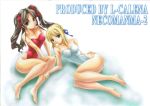  2girls ahoge artoria_pendragon_(all) black_hair blonde_hair fate/stay_night fate_(series) long_hair one-piece_swimsuit red_swimsuit saber swimsuit tagme tohsaka_rin twin_tails white_swimsuit 