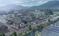  architecture banner blue_sky bridge building bush clouds day east_asian_architecture fence from_above game_cg human_village_(touhou) lantern mountain no_humans non-web_source official_art outdoors paper_lantern red_umbrella river scenery sky statue tile_roof touhou touhou_gensou_eclipse tree umbrella wooden_bridge 