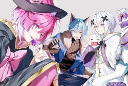  3boys ahoge animal_ears blue_eyes blue_hair blue_jacket bow candy claw_pose commentary fingernails food fur-trimmed_jacket fur_trim gradient_hair grey_background grin hair_between_eyes hair_ornament hat highres holding holding_candy holding_food holding_lollipop jacket lapis_(meteorites) lollipop looking_at_viewer male_focus melt_(meteorites) meteorites_(stpr) mikasa_(meteorites) multicolored_hair multiple_boys parted_lips pink_bow pink_hair sharp_fingernails short_hair simple_background sleeves_past_fingers sleeves_past_wrists smile tongue tongue_out violet_eyes white_hair white_jacket white_nails witch_hat x_hair_ornament ymayma_da 
