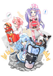  ! 5girls akaimame bandaid bandaid_hair_ornament blue_archive blue_eyes blue_hair blue_wings cardigan commentary_request crossed_bandaids faceless faceless_female fang green_eyes gun hair_ornament halo hanae_(blue_archive) hat helmet_gangster_(blue_archive) highres holding holding_gun holding_shield holding_weapon long_hair long_sleeves mine_(blue_archive) multiple_girls nurse_cap open_mouth pink_cardigan pink_hair pointy_ears purple_hair remedial_knights_(blue_archive) riot_shield rubble sailor_collar serina_(blue_archive) shield short_hair simple_background skin_fang smile spoken_exclamation_mark spoken_object v-shaped_eyebrows weapon wings 