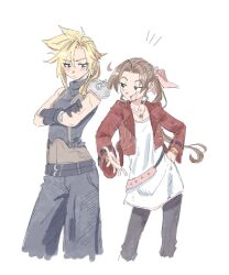  1boy 1girl adapted_costume aerith_gainsborough armor bangle belt bervens12 black_belt black_gloves blonde_hair blue_eyes blush bracelet breasts brown_belt brown_hair cloud_strife cowboy_shot crossed_arms final_fantasy final_fantasy_vii final_fantasy_vii_remake flower flower_necklace furrowed_brow genderswap genderswap_(ftm) genderswap_(mtf) gloves green_eyes grey_pants grey_shirt hair_between_eyes hand_on_own_hip height_difference highres jacket jewelry long_hair medium_breasts multiple_belts open_mouth pants parted_bangs pauldrons pink_belt ponytail red_jacket shirt shoulder_armor sidelocks single_bare_shoulder single_pauldron smile spiky_hair suspenders white_shirt 