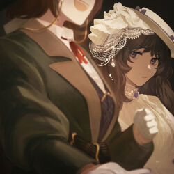  2girls absurdres black_background black_hair brown_hair dress gloves green_jacket hat head_out_of_frame highres isolde_(reverse:1999) jacket kakania_(reverse:1999) looking_to_the_side multiple_girls neck_ribbon open_mouth parted_lips red_ribbon reverse:1999 ribbon shirt skyregalias smile upper_body veil violet_eyes white_dress white_gloves white_hat white_shirt white_veil 
