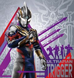  1girl 4boys absurdres alien arm_guards armor arrow_(symbol) artist_name breastplate carmeara character_name color_timer colored_skin commentary compound_eyes copyright_name cowboy_shot crystal darrgon dorsal_fin english_text forehead_jewel giant giant_male glowing glowing_eyes gold_trim gradient_eyes grey_background hand_up highres hudram looking_down male_focus multicolored_eyes multicolored_skin multiple_boys no_pupils pectorals purple_background purple_skin red_background red_skin signature silver_skin solo_focus tokusatsu toned toned_male trigger_dark ultra_series ultraman_tiga ultraman_tiga_(multi_type) ultraman_tiga_(series) ultraman_trigger ultraman_trigger_(multi_type) ultraman_trigger_(series) ultrataku white_eyes wrinkled_skin yellow_eyes 
