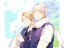  2boys ahoge america_(hetalia) artist_name axis_powers_hetalia bag black_necktie blonde_hair blue_eyes blue_sky blurry blurry_background blush border bottle clouds cloudy_sky collared_shirt commentary_request day food food_in_mouth from_side glasses grey-framed_eyewear hands_up holding holding_bag holding_bottle looking_at_object looking_at_viewer looking_down male_focus matching_outfits multiple_boys necktie open_mouth outside_border popsicle popsicle_in_mouth purple_bag purple_sweater_vest russia_(hetalia) scarf semi-rimless_eyewear shirt short_hair sky smile sweater_vest tatumin13 upper_body violet_eyes water_bottle white_border white_hair white_scarf white_shirt 