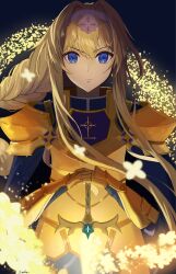  :| absurdres alice_zuberg armor armored_gloves black_background blonde_hair blue_eyes blue_shirt braid braided_ponytail closed_mouth collared_shirt commentary_request cuirass expressionless fragrant_olive_sword gold_armor hair_intakes headband highres long_hair long_sleeves metal_gloves pauldrons shirt shoulder_armor simple_background standing straight-on sword sword_art_online sword_art_online:_alicization turtleneck turtleneck_shirt upper_body v-shaped_eyebrows weapon white_headband yasaka_sei 