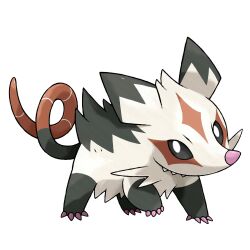  black_fur english_commentary fakemon greg_andrade highres looking_at_viewer mixed-language_commentary no_humans official_style original parody pokemon pokemon_(creature) portuguese_commentary possum simple_background solo style_parody sugimori_ken_(style) tail two-tone_fur white_background white_fur 