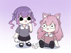  2girls :d ace_(playing_card) ace_of_hearts ace_of_spades animal_ear_fluff animal_ears black_shoes black_skirt braid brown_shirt card chibi collared_shirt commentary_request demon_tail fang fong_(fongthe0125) gradient_background grey_shirt hair_between_eyes hair_bun hakui_koyori hand_up heart highres hololive long_hair loose_socks multicolored_hair multiple_girls pink_background pink_hair playing_card pleated_skirt polo_shirt purple_hair ribbed_socks shadow shirt shoe_soles shoes short_sleeves single_side_bun sitting skirt smile socks spade_(shape) standing streaked_hair tail tokoyami_towa twintails very_long_hair virtual_youtuber wavy_eyes wavy_mouth white_background white_socks 