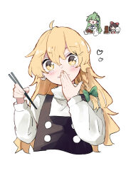  3girls :d =_= ^_^ ahoge apron black_vest blonde_hair bow braid chopsticks closed_eyes closed_mouth collared_shirt commentary_request covering_own_mouth cropped_torso deetamu eating frog_hair_ornament green_bow green_eyes hair_between_eyes hair_bow hair_ornament hair_tubes hakurei_reimu heart highres holding holding_chopsticks holding_plate kirisame_marisa kochiya_sanae long_hair long_sleeves multiple_girls open_mouth plate red_bow rice shirt side_braid single_braid single_hair_tube smile snake_hair_ornament touhou vest white_apron white_background white_shirt yellow_eyes 