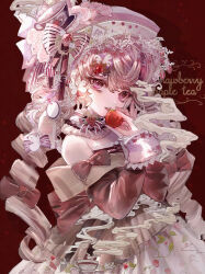  1girl bow cup dress drill_hair food fruit hair_bow hair_ornament hat hat_bow highres holding holding_food holding_fruit komorihikki long_hair long_sleeves original red_background solo steam strawberry teacup twin_drills upper_body 