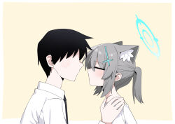  1boy 1girl absurdres animal_ear_fluff animal_ears b.t._(boob_tong) black_hair blue_archive blue_halo blush closed_eyes cross cross_hair_ornament extra_ears faceless faceless_male grey_hair hair_ornament halo highres imminent_kiss inverted_cross looking_at_another medium_hair no_eyes ponytail sensei_(blue_archive) shiroko_(blue_archive) short_ponytail upper_body wolf_ears wolf_girl 