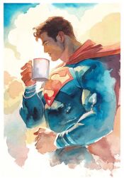  1boy arm_up black_hair blue_bodysuit bodysuit border cape closed_mouth clouds coffee_mug commentary cropped_legs cup dc_comics english_commentary from_side holding holding_cup itoscaresme lips long_sleeves male_focus mug painting_(medium) red_cape short_hair short_sideburns sky solo superhero_costume superman superman_(series) superman_logo traditional_media watercolor_(medium) white_border 