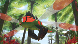  absurdres blue_sky bug commentary_request dragonfly ewokakukaede fangs flying from_below grass highres no_humans outdoors plant pokemon pokemon_(creature) pokemon_focus red_eyes scolipede sizzlipede sky solo_focus spikes tree yanmega 