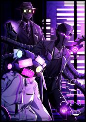  1girl 2boys alloc_(project_moon) android black_gloves black_jacket black_necktie bono_(project_moon) bow cardiogram collared_shirt dalloc_(project_moon) fedora gloves hand_up hat highres jacket lapels library_of_ruina mechanical_tentacles monitor multiple_boys necktie notched_lapels project_moon shirt sleeves_past_fingers sleeves_past_wrists smile suillus white_bow white_jacket white_shirt window 