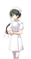  1girl :o bracelet braid chaos;head closed_mouth collared_dress dress game_cg green_eyes green_hair hair_ornament hair_ribbon hairclip hat hazuki_shino_(chaos;head) holding_own_wrist id_card jewelry long_braid long_hair looking_at_viewer matsuo_yukihiro no_eyewear non-web_source nurse nurse_cap official_art open_mouth pantyhose pink_ribbon pink_trim ribbon science_adventure shiny_eyes short_sleeves solo sprite standing surprised tongue transparent_background white_dress white_pantyhose 