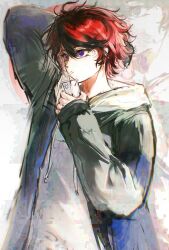  1boy absurdres black_hair black_jacket blue_eyes drawstring drinking hair_between_eyes highres holding holding_juice_box hood hood_down hoodie jacket jacket_over_hoodie juice_box male_focus multicolored_hair open_clothes open_jacket red_hair sanpaku short_hair sleeves_past_wrists solo streaked_hair sumino_takumi the_hundred_line_-last_defense_academy- two-tone_hair upper_body variant_set white_hoodie yanrenxi20831 zoom_layer 