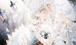  1girl arm_ribbon artist_name bare_shoulders dress earrings eyelashes ghost jewelry looking_at_viewer majamari original ribbon solo upper_body white_dress white_eyes white_hair 