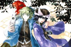  3others :3 androgynous arm_around_neck black_hair black_hat black_shirt blue_jacket brown_shorts camera camera_around_neck cellphone coattails cobblestone collared_shirt commentary cowboy_shot day flip_phone frilled_headwear green_eyes green_hair green_jacket hair_between_eyes happy hat high_collar highres holding holding_phone hood hood_down hood_up hooded_jacket jacket len&#039;en long_sleeves looking_at_object lower_teeth_only mob_cap multiple_others open_clothes open_jacket open_mouth other_focus outdoors phone pink_shorts purple_jacket red_eyes red_hair selfie shade shirt shitodo_aoji shitodo_hooaka shitodo_kuroji short_hair shorts siblings smirk surprised symbol-only_commentary teeth tree triangular_headpiece turtleneck turtleneck_shirt violet_eyes wide_sleeves yancao_(pixiv_103434280) zipper 