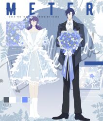  1boy 1girl absurdres alternate_costume animal_print arms_behind_back ascot black_pants black_shoes blue_background blue_dress blue_flower blue_hair blue_jacket blue_shoes bouquet bow brooch butterfly_hair_ornament butterfly_print center-flap_bangs chinese_commentary choker clarence_clayden collared_shirt color_guide colored_lapels cornflower curtained_hair dress dress_bow english_text faceless faceless_female faceless_male facing_viewer fascinator fashion flower frilled_dress frills full_body gradient_background hair_between_eyes hair_bow hair_ornament hat hat_flower heroine_(lovebrush_chronicles) highres holding holding_bouquet jacket jewelry lace-trimmed_dress lace_trim lapels leaf leaf_background long_hair long_sleeves lovebrush_chronicles medium_dress notched_lapels open_clothes open_jacket oval_background pants plaid_clothes plaid_lapels puffy_short_sleeves puffy_sleeves purple_hair see-through_clothes see-through_sleeves shirt shoes short_hair short_sleeves side-by-side snow234 socks standing straight-on striped_background two-tone_background white_ascot white_background white_bow white_choker white_flower white_shirt white_socks zoom_layer 