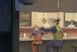  1girl 3boys absurdres black_pants black_shirt blonde_hair blue_headband brown_hair character_name closed_eyes dated eating facial_mark feet_out_of_frame food green_vest hand_on_another&#039;s_head happy_birthday hat headband highres jacket japanese_clothes jenmushroom jumpsuit male_focus multiple_boys naruto_(series) noodles open_mouth orange_jacket orange_jumpsuit orange_pants pants ponytail ramen ramen_stand robe scar scar_on_face scar_on_nose shirt short_hair sitting smile spiky_hair twitter_username umino_iruka uzumaki_naruto vest whisker_markings white_hat white_robe 