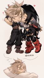  1boy 1girl 4k1030 absurdres arm_behind_head baggy_pants bare_shoulders black_gloves black_hair black_skirt black_thighhighs blonde_hair blush boots brown_boots closed_eyes closed_mouth cloud_strife couple crop_top earrings final_fantasy final_fantasy_vii final_fantasy_vii_remake fingerless_gloves full_body gloves heads_together heart highres holding_hands imagining jewelry leaning_on_person long_hair low-tied_long_hair lying miniskirt motion_lines on_back open_mouth pants parted_lips pillow pleated_skirt red_boots revision short_hair simple_background single_arm_guard single_earring skirt sleeping sleeveless sleeveless_turtleneck smile spiky_hair standing sweater tank_top thigh-highs tifa_lockhart turtleneck turtleneck_sweater twitter_username under_covers white_tank_top zettai_ryouiki 